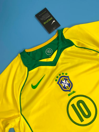 2004 Brazil Home Retro Jersey Ronaldinho #10 Vintage Iconic Youth Kids