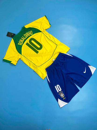 2004 Brazil Home Retro Jersey Ronaldinho #10 Vintage Iconic Youth Kids