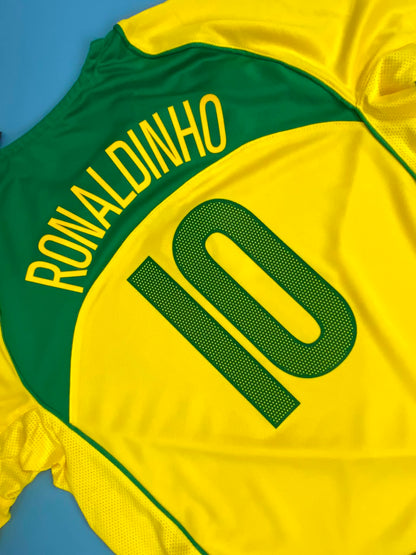 2004 Brazil Home Retro Jersey Ronaldinho #10 Vintage Iconic Youth Kids